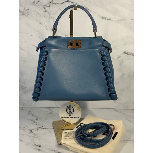 Fendi Cobalto Blue Nappa Lace Up Mini Peekaboo Top Handle Iconic Satchel Bag - Picture 1 of 16